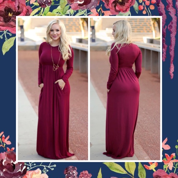 Dresses & Skirts - CAMILLE BURGUNDY MAXI DRESS LONG SLEEVE POCKETS